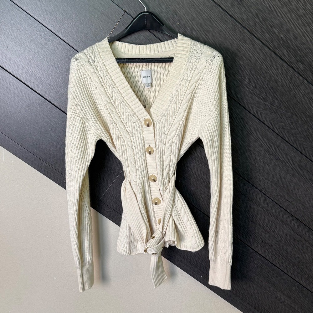 Maeve By Anthropologie Cable Knit Belted Cardigan Sweater XS Ivory NWT Luxury